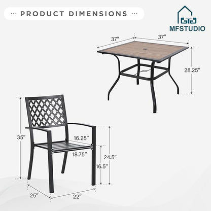 MFSTUDIO Patio Table and Chairs Set of 4, Outdoor Dining Set for 4 with Umbrella Hole, Metal Patio Furniture Set for Deck/Backyard/Poolside/Garden