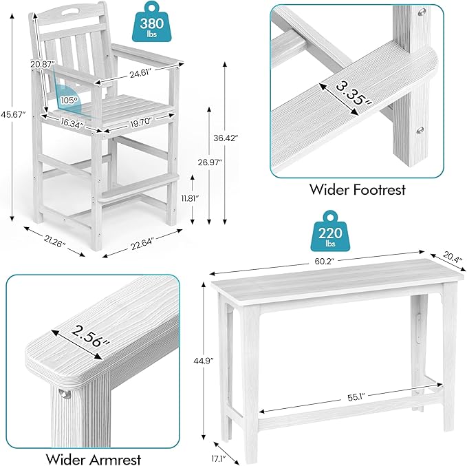 Ciokea Heavy-Duty Outdoor Bar Set, Rectangle High Top Table and 2 Oversized Adirondack Chairs Set, HDPE Modern Patio Bar Set for Outside Bistro Backyard Balcony Deck Outside, White