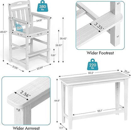 Ciokea Heavy-Duty Outdoor Bar Set, Rectangle High Top Table and 2 Oversized Adirondack Chairs Set, HDPE Modern Patio Bar Set for Outside Bistro Backyard Balcony Deck Outside, White