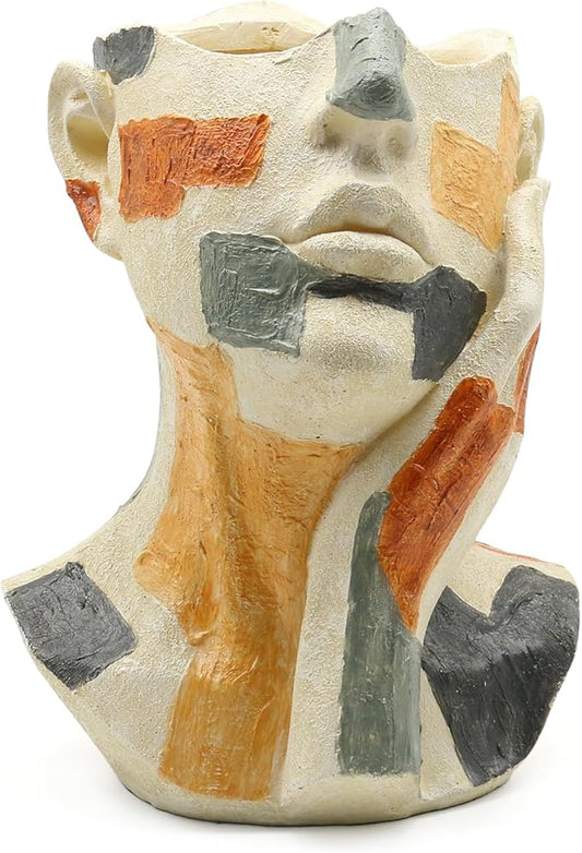 Lukitas Abstract Face Planter, Faux Sandstone Decorative Vase, Colorful Handcrafted Artistic Flower Plant Pot for Garden Patio Living Room, Resin 10.5''