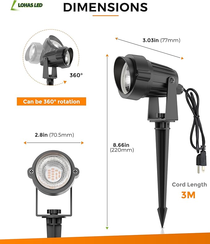 L LOHAS LED Orange Halloween Spot Lights Outdoor, 10W Dusk to Dawn Sensor Landscape Spotlights for Yard, IP66 Waterproof Pathway Outside Lights, 9.84-ft Cord, Orange Lawn Decor Lamp, UL Listed,2 Pack