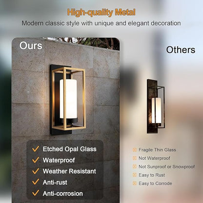 ALVIME Modern Outdoor Wall Light Fixture, 15 Inch 2 Pack Gold Exterior Lighting Fixtures, Waterproof Outdoor Wall Sconce, Porch Outside Lights for House, Garage, Front Door, E26 Base&Etched Opal Glass