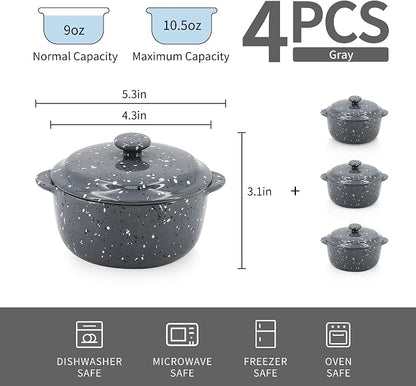 Individual Serving Pot Set of 4-10 Oz Ceramic Mini Cocotte with Handles & Lids - Great for Souffle, Soup, Cobbler, Stoneware Baking Ramekins, Oven Compatible,Gray