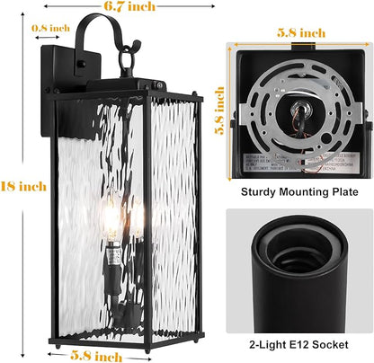 Dusk to Dawn Sensor Outdoor Light 18 Inch, Large 2-Light Bulb Outdoor Sconce Light Photocell Sensor Water Ripple Glass IP65 Waterproof Exterior Wall Lantern Lamp, E12
