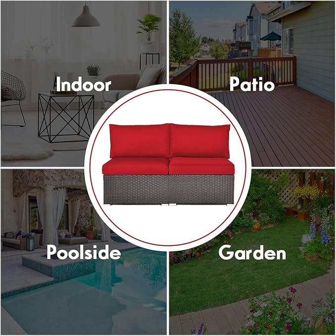 COSTWAY 2PCS PE Rattan Armless Sofa, Wicker Patio Conversation Set Chairs with Soft Cushion, Outdoor Sectional Furniture for Yard, Poolside (Red)