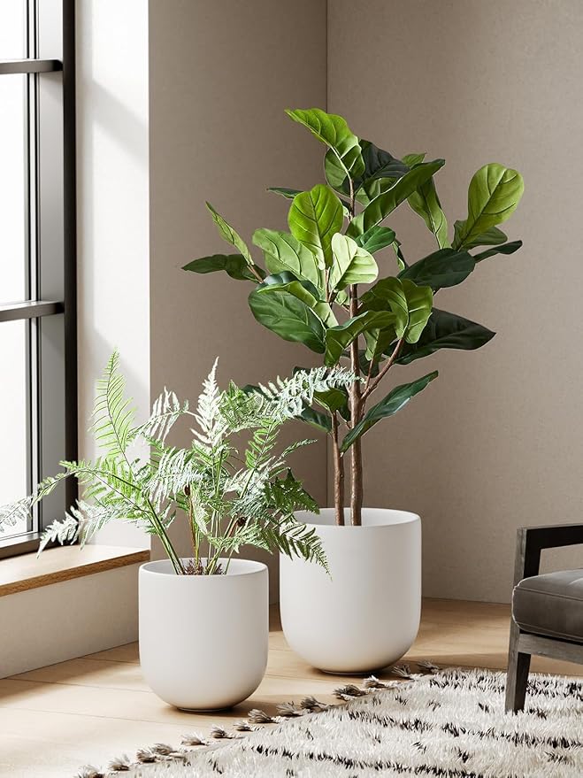 LE TAUCI 12 Inch Pots for Plants, Ceramic Large Planters for Indoor Plants, Indoor Plant Pots for Home Garden Patio Office, Planter Pots with Drainage Hole and Rubber Plug, White
