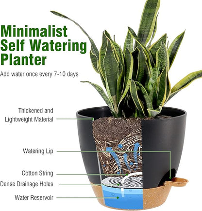 UOUZ Large Self Watering Pots, 12/10/9 Plastic Planters with High Drainage Holes and Deep Reservoir for Indoor Outdoor Garden Plants and Flowers, Black with Brown