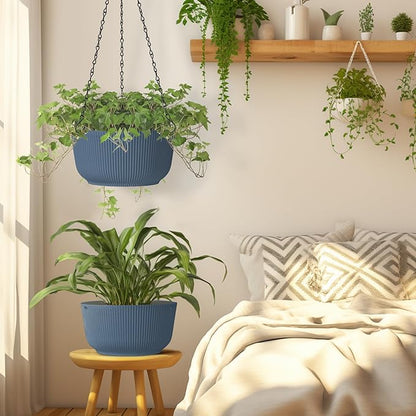 T4U 8 Inch Hanging Planters for Indoor Outdoor Plants, Self Watering Hanging Pot Pack of 2, Hanging Pots with Drainage Hole & Plug & Chain with 3 Hooks for Garden Home Decor, Blue