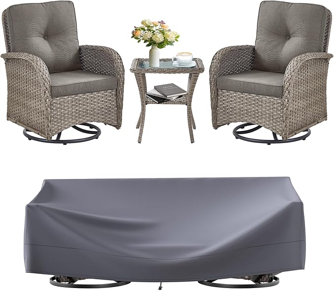 3 Pieces Patio Bistro Set Outdoor Swivel Rocker Patio Chairs with Side Table Patio Furniture for Deck Porch Garden Balcony Poolside-Grey/Grey