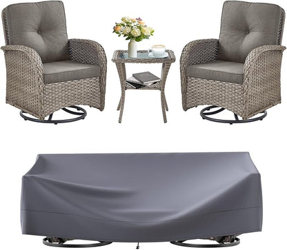 3 Pieces Patio Bistro Set Outdoor Swivel Rocker Patio Chairs with Side Table Patio Furniture for Deck Porch Garden Balcony Poolside-Grey/Grey