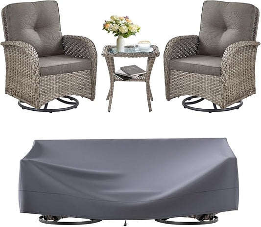 3 Pieces Patio Bistro Set Outdoor Swivel Rocker Patio Chairs with Side Table Patio Furniture for Deck Porch Garden Balcony Poolside-Grey/Grey