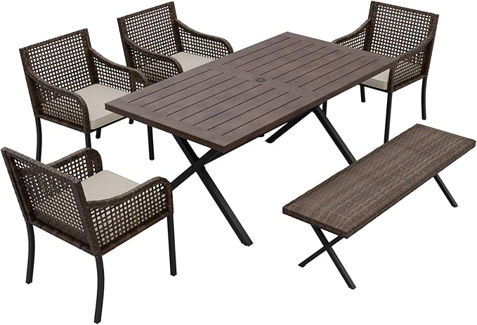 COOS BAY Echo Vibe Patio Dining Set for 6 with 4 Chairs, a Bench and a Table, 6 Piece Outdoor Dining Set, Brown/Beige