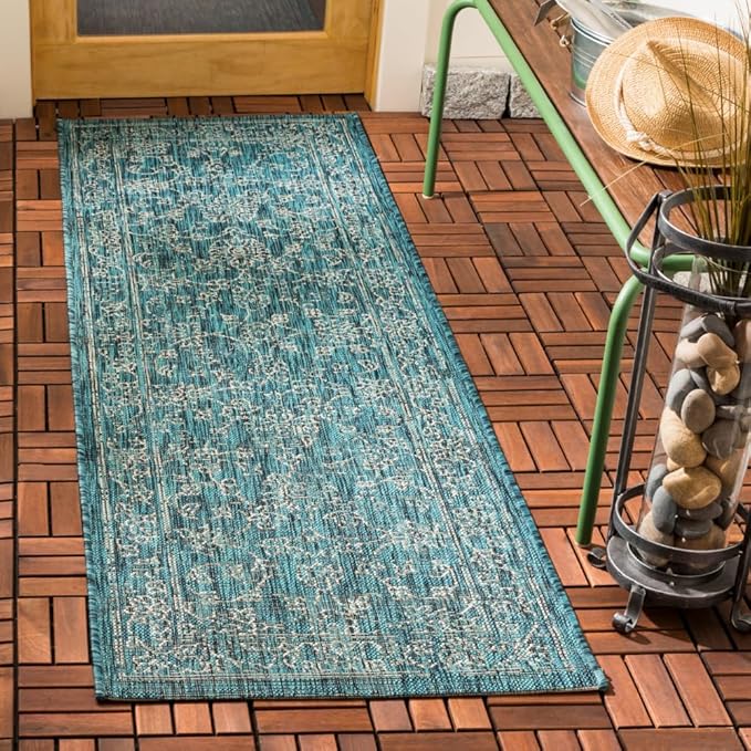 SAFAVIEH Washable Rug Outdoor Courtyard Collection - 2'3" x 6'7" Runner, Turquoise, Non-Shedding & Easy Cleaning, Ideal for Patio, Entryway, Mudroom, Hallway, Kitchen (CY8680-37221)
