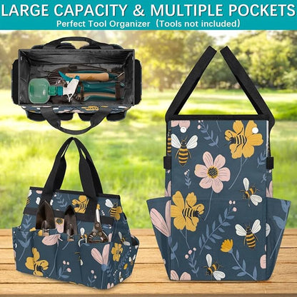 Garden Tote Bag with Pockets Bee Flower Gardening Bags for Tools Organizer Heavy Duty Storage Bag with Handle for Lawn Yard Casual