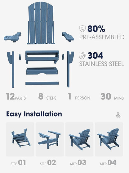 KINGYES Adjustable Folding Adirondack Chair with Footrest & 4-in-1 Multi-Functional Armrest Organizer, HDPE Foldable Reclining Adirondack Chair with Pull-Out Ottoman, Blue