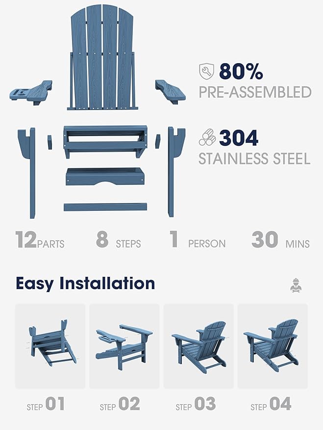 KINGYES Adjustable Folding Adirondack Chair with Footrest & 4-in-1 Multi-Functional Armrest Organizer, HDPE Foldable Reclining Adirondack Chair with Pull-Out Ottoman, Blue