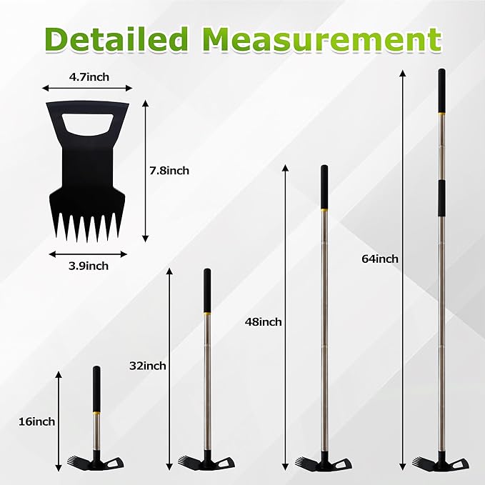 Weed Rake and Garden Hoe,7-Tine Weed Puller Tool with Long Handle,4-Section Adjustable 2 in 1 Hoe and Rake for Heavy-Duty Root Removal and Weed Clearing in Yards,Lawns,Patios,and Gardens