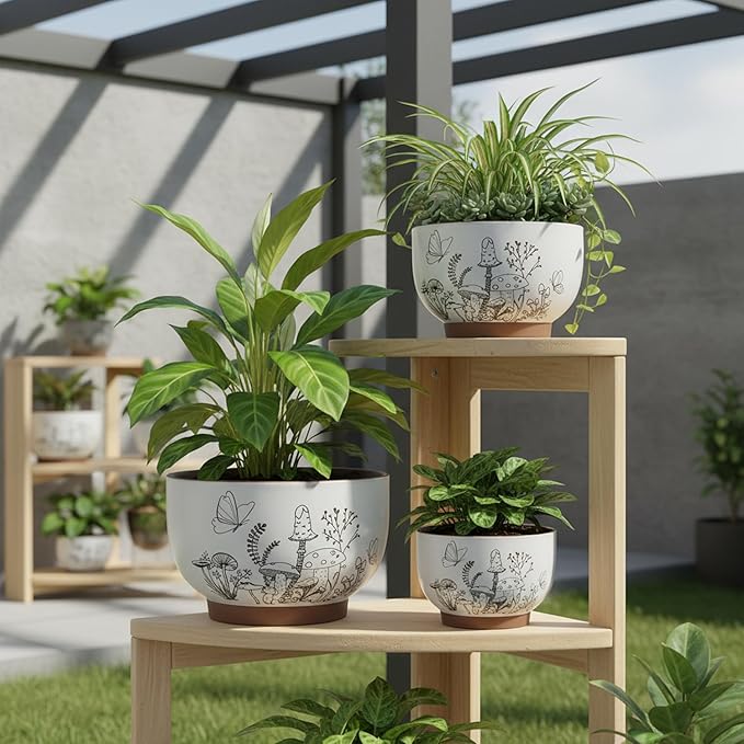 YBX 8 Inch & 6 Inch Terracotta Pots, Plant Pots, Flower Pots for Indoor Plants with Drainage, Planters with Mushroom Accent for Indoor Plants (Cottage)