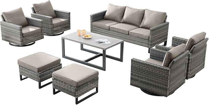 Wicker Outdoor Patio Furniture Set - 8 Piece Patio Conversation Set with 4 Swivel Rocker Chairs,2 Rattan Ottoman,1 Couch and 1 Metal Coffee Table for Outside Porch Deck Backyard(Mixed Grey/Grey)