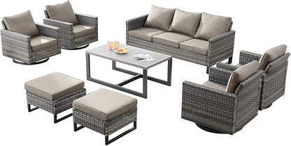Wicker Outdoor Patio Furniture Set - 8 Piece Patio Conversation Set with 4 Swivel Rocker Chairs,2 Rattan Ottoman,1 Couch and 1 Metal Coffee Table for Outside Porch Deck Backyard(Mixed Grey/Grey)
