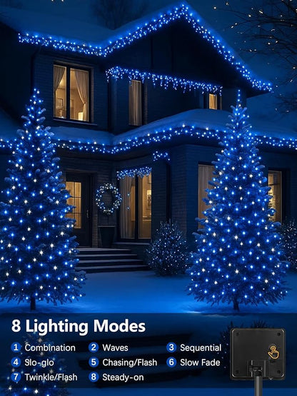 4 Pack Solar Christmas Lights Outdoor Waterproof, 132FT 400LED Solar String Lights Green Wire Fairy Lights, Solar Twinkle Lights with 8 Lighting Modes for Xmas Garden Decorations (Blue&White)
