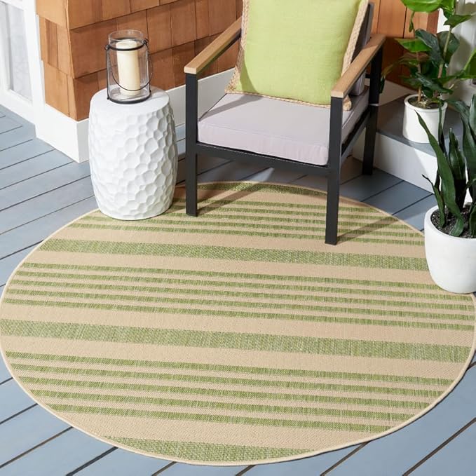 SAFAVIEH Washable Rug Outdoor Courtyard Collection - 5'3" Round, Beige & Sweet Pea, Non-Shedding & Easy Cleaning, Ideal for Patio, Backyard, Mudroom (CY6062-218)