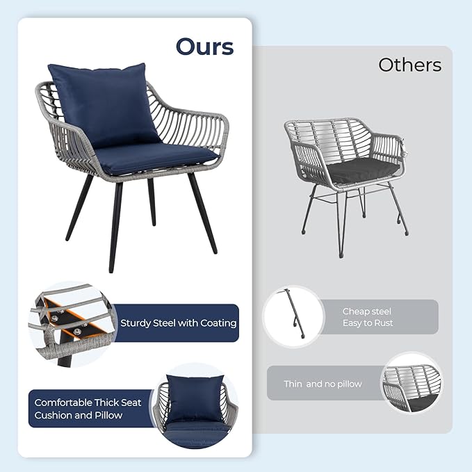 5 Piece Patio Furniture Set, Outdoor Wicker Small Conversation Bistro Set, All-Weather PE Rattan Chairs with Ottoman & Coffee Table, Ideal for Balcony Porch Deck Yard Poolside (Grey/Blue)