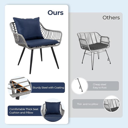 5 Piece Patio Furniture Set, Outdoor Wicker Small Conversation Bistro Set, All-Weather PE Rattan Chairs with Ottoman & Coffee Table, Ideal for Balcony Porch Deck Yard Poolside (Grey/Blue)