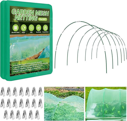 Garden Netting Kit for Raised Beds, 10x30FT Green Ultra Fine Mesh Netting ＆6 Sets of 8FT Garden Hoops, Insect Netting Row Cover Net Protect Plants Vegetable Fruits Flowers