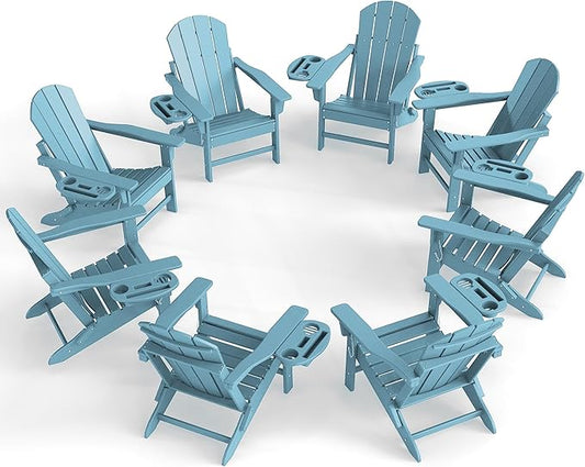 Adirondack Chair Set of 8, HDPE Folding Adirondack Chair with Multifunctional Cup Holder, Weather Resistant Fire Pit Chair for porches, patios, poolsides, Decks.