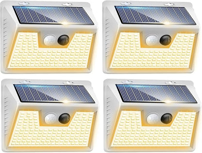 Peasur Solar Lights Outdoor Motion Sensor Waterproof, 4Pack 140LED White Solar Powered Fence Lights, 3 Modes Security Wall Lights for Garden Yard Outside Warm