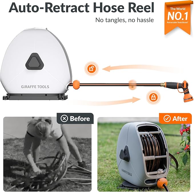 Giraffe Tools Heavy Duty Retractable Hose Reel, 130FT 1/2 Inch Automatic Rewind Garden Hose Reel with Flexible Swivel Base, Ground Mount for Lawn, Patio, and Concrete Floor