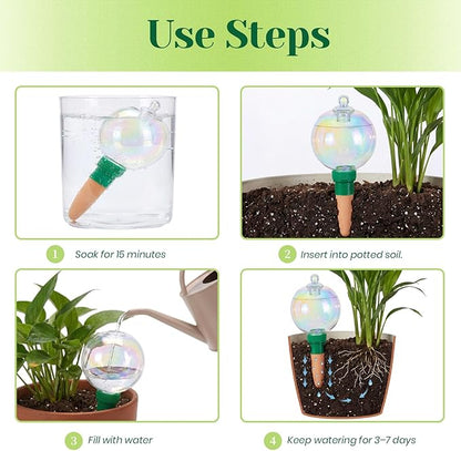 Hewory Glass Plant Watering Globes: 4 Pcs Iridescent Water Bulbs for Indoor/Outdoor Plants - 9oz Watering Devices with Terracotta Water Spikes