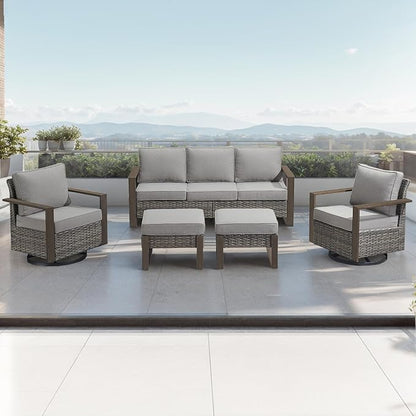 Rilyson Outdoor Wicker Patio Furniture Set - 5 Piece Patio Conversation Set with 2 Wicker Swivel Rocker Chairs,2 Rattan Ottoman and 1 Couch,Thick Cushions,Deep Seating,Wide Armrest(Mixed Grey/Grey)