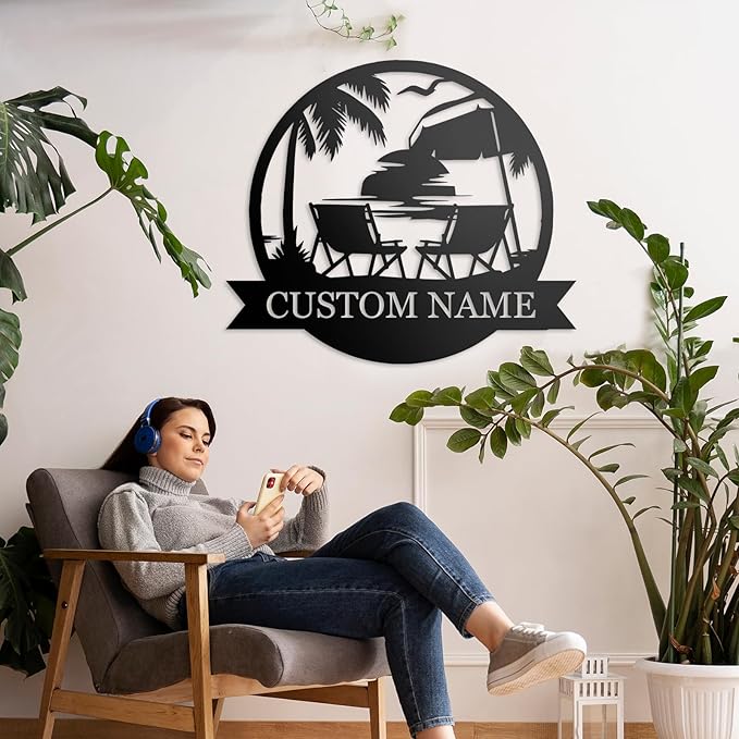 Personalized Metal Beach Signs | Backyard Oasis Sign | Porch Signs Outdoor | Coastal Beach Scene Custom Last Name Sign | Nautical Outdoor Wall Decor | Wall Art for House Warming Gifts