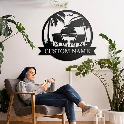 Personalized Metal Beach Signs | Backyard Oasis Sign | Porch Signs Outdoor | Coastal Beach Scene Custom Last Name Sign | Nautical Outdoor Wall Decor | Wall Art for House Warming Gifts