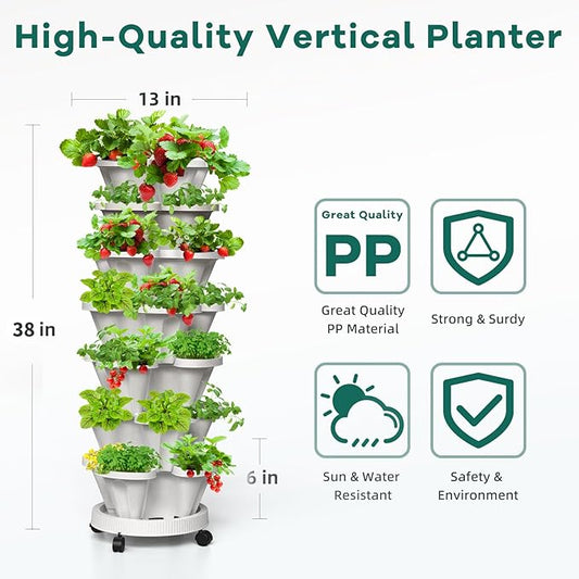 Strawberry Vertical Planters Tower Garden 3 Pack, 7 Tiered Stacking Herb Vegetable Planter with Support Pole Indoor and Outdoor - White