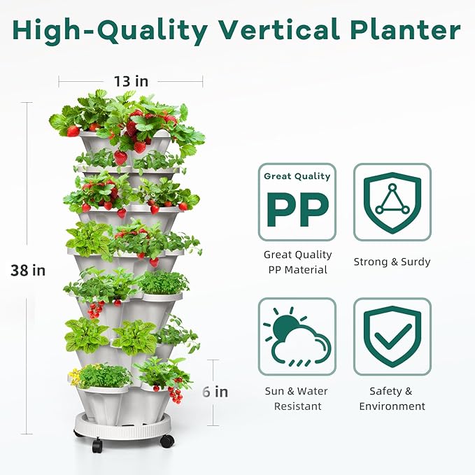 7 Tiered Strawberry Vertical Planter 2 Pack, Stackable Tower Garden Planter Herb Garden Planter with Movable Casters and Bottom Saucer Indoor and Outdoor - White