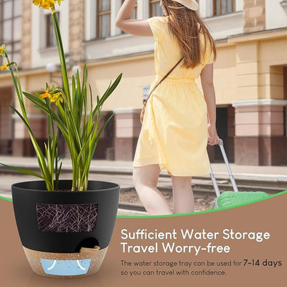 Plant Pots 10/9/8/7.5/7 inch, Self Watering Planters with Drainage Holes & Saucers for Indoor and Outdoor Plants (Black)