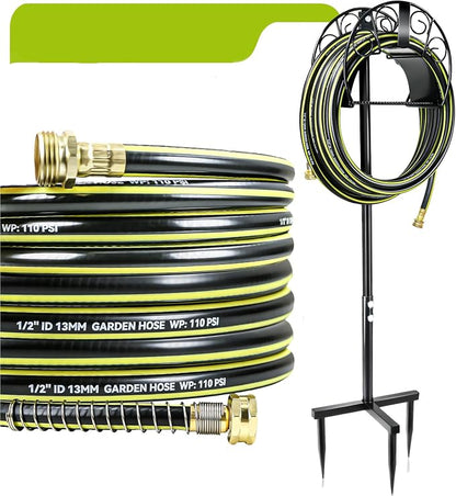 Freestanding Garden Hose Holder, Come with 50FT Water Hose 1/2", Heavy Duty Anti-Rust Hose Hanger for Outdoor Hose Storage