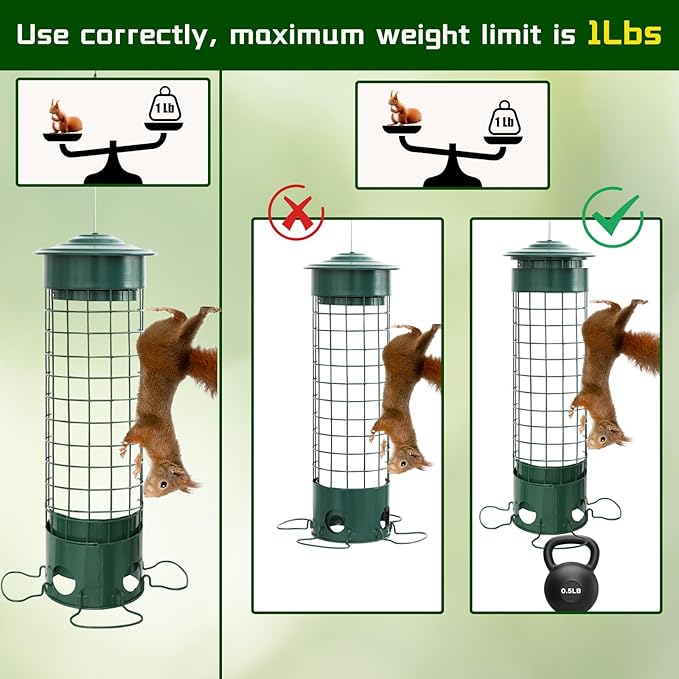 Squirrel Proof Bird Feeder, Weight Activated Outdoor Hanging Metal Bird Feeder, Bite Proof, Weatherproof, Durable, Suitable for Chickadees, Goldfinches, Cardinals, 4.4LB Large Capacity, Green