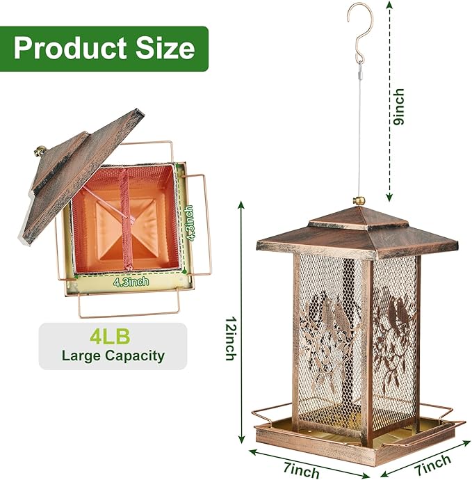 LBTING Bird Feeder for Outside, Metal Lantern-Shaped Bird Feeder, Wild Bird Feeders for Hanging Outdoor Garden Yard, Birds Pattern