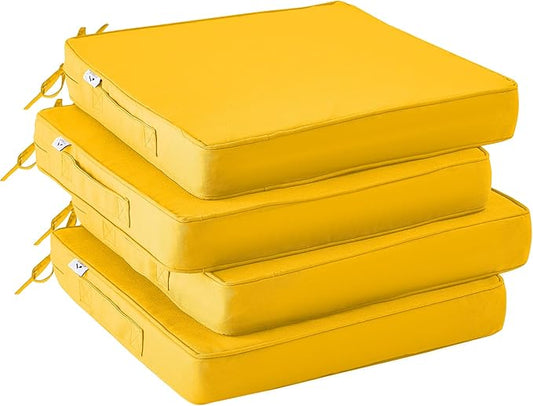Outdoor Chair Cushions Set of 4,Waterproof Outdoor Seat Cushions for Patio Furniture,Patio Chair Cushion with Handle and Ties, Square Out Door Chair Pads,17" x 16" x 2", Yellow