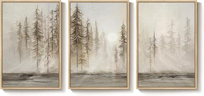 Framed Neutral Wall Art for Living Room, Large 3 Piece Abstract Pastel Grunge Forest Landscape Tree Canvas Artwork Set, Modern Art Decorative Nordic Painting Picture Prints for Hallway Office 24x36 In