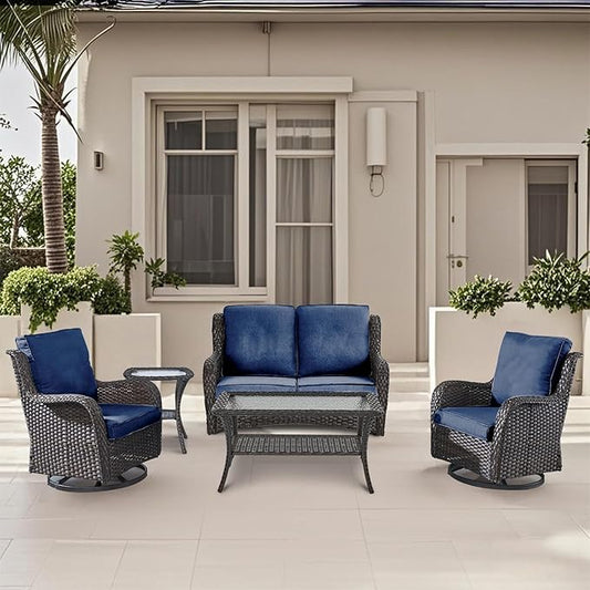 5 Pieces Outdoor Patio Furniture Conversation Set PE Rattan Wicker with 2 Swivel Glider Rocker Chairs, 2 Coffee Table and 1 Loveseat for Yard Backyard Poolside (Brown/Navy Blue)