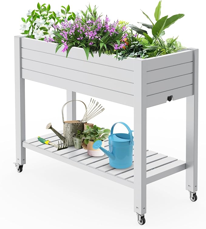 Vixzen Raised Garden Bed Outdoor,Reinforced Large Planter Box with Wheels & Storage Shelf,Mobile Planter Bed Box for Backyard, Patio, Balcony (Ashen, 21Gal（43.31"×17.72"×33.66"）)