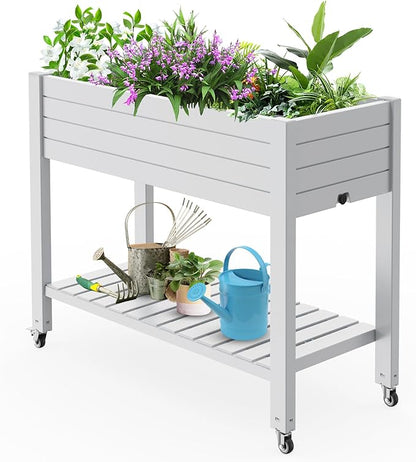 Vixzen Raised Garden Bed Outdoor,Reinforced Large Planter Box with Wheels & Storage Shelf,Mobile Planter Bed Box for Backyard, Patio, Balcony (Ashen, 21Gal（43.31"×17.72"×33.66"）)