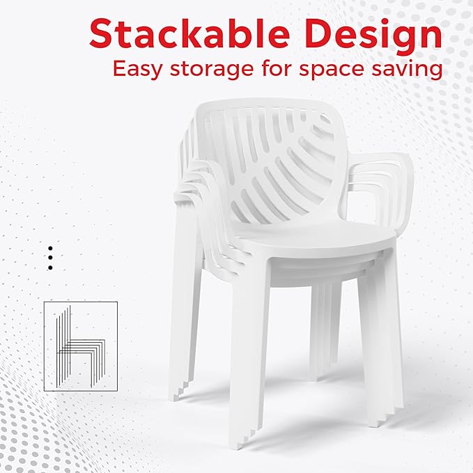 Costaelm 4 Person Dining Table Set, HDPE Patio Round Dining Table and Stackable Chair, Kitchen & Dining Room Sets All Weather for Backyard Porch Poolside, White