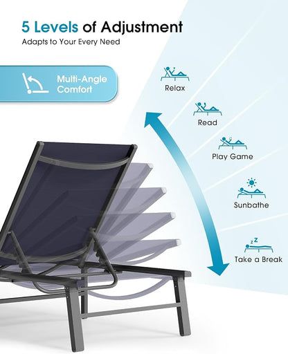 Ciokea Foldable Outdoor Lounge Chair Set of 2, No Assembly Aluminum Chaise Lounge Outdoor with 5 Adjustable Positions, Pool Lounge Chairs with Portable Design for Pool, Deck, Beach, Patio (Navy Blue)