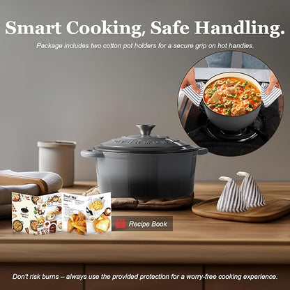 Overmont Enameled Cast Iron Dutch Oven - 7QT Pot with Lid Cookbook & Cotton Potholders - Heavy-Duty Cookware for Braising, Stews, Roasting, Sourdough Baking grey